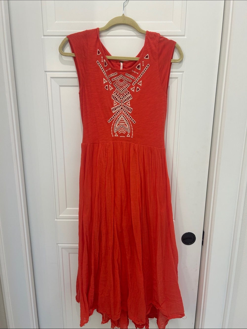 Free People Coral-Red Sleeveless Embroidered Maxi Dress